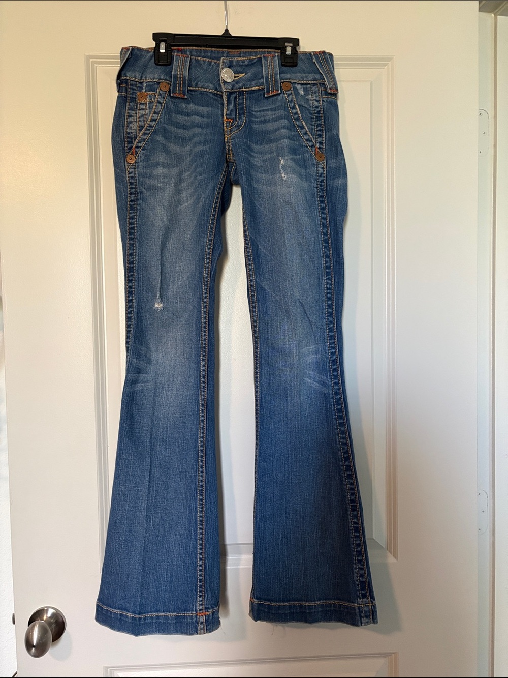 True Religion Distressed Low-Rise Dark Blue Flare Jeans - Picture 5 of 7